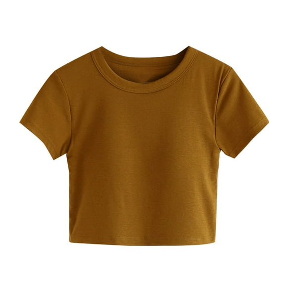 FRSASU Women's Solid Color Round Neck Short Sleeve T-Shirt Summer Loose Fit with Chest Cushion Home Clothes Top Brown