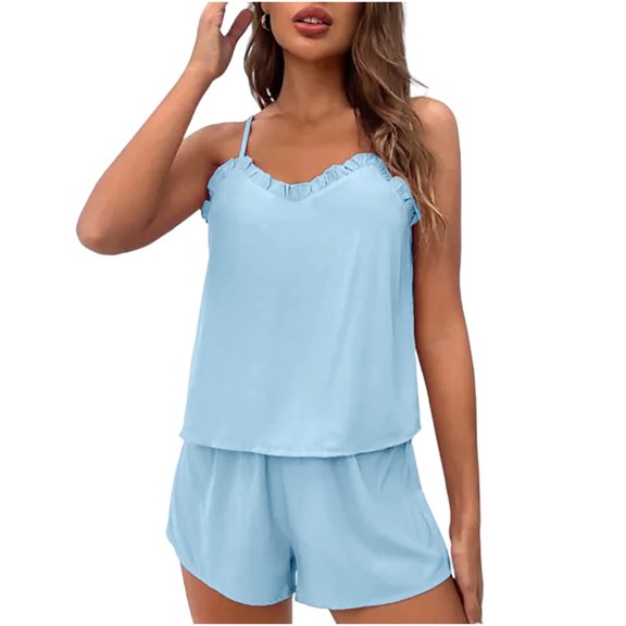 FRSASU Women's Solid Color Suspender Adjustable Pleated Edge Split Sleepwear and Pants Casual Set Blue