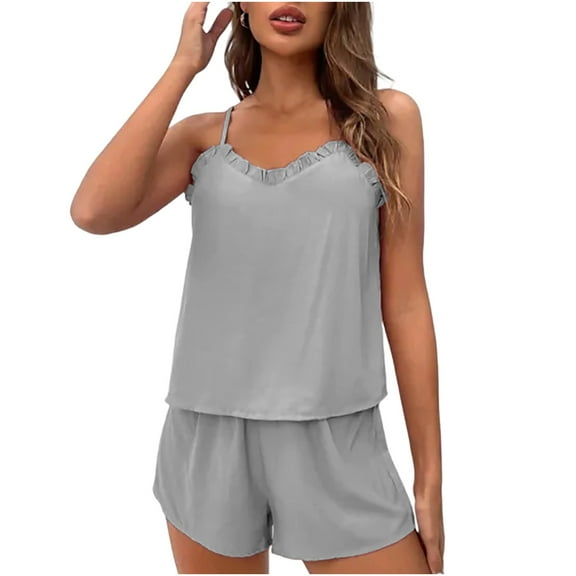 FRSASU Women's Solid Color Suspender Adjustable Pleated Edge Split Sleepwear and Pants Casual Set Gray