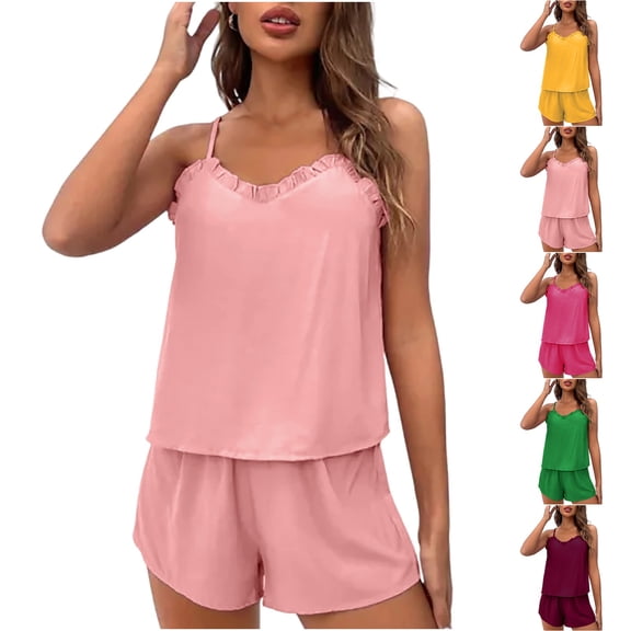 FRSASU Women's Solid Color Suspender Adjustable Pleated Edge Split Sleepwear and Pants Casual Set Yellow