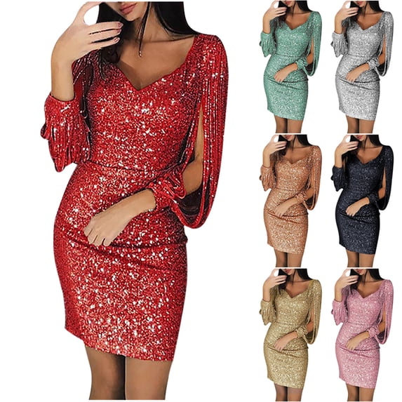 FRSASU Women's Sparkle Glitzy Glam Sequin V-Neck Long Sleeve Part Dress Sequins Glitters Mini Dresses White