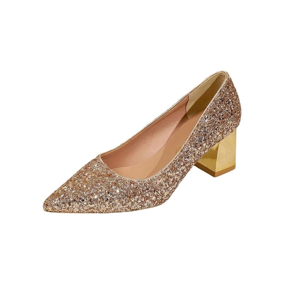 FRSASU Women's Sparkling Glitter Chunky Heel Closed Toe Pumps Mid Block Heel Slip-on Classic Party Dress Shoes Gold