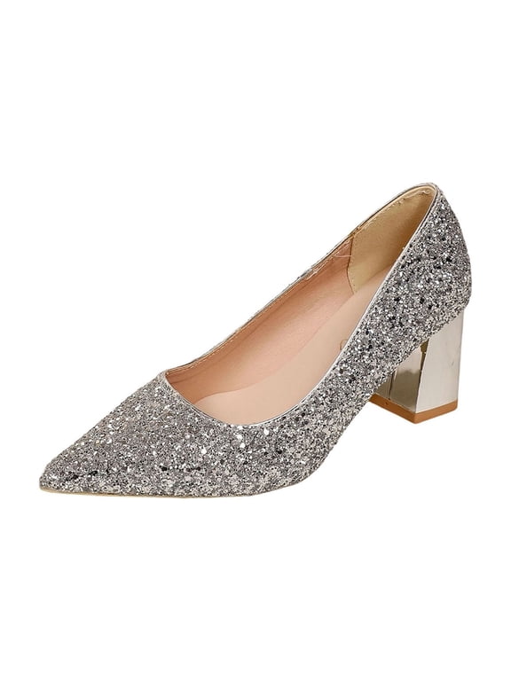 Women's Sparkling Glitter Chunky Heel Closed Toe Pumps Mid Block Heel Slip-on Classic Party Dress Shoes Silver