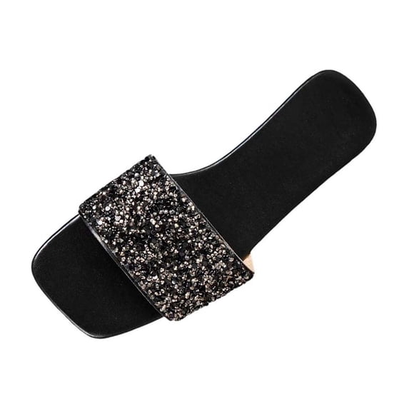 FRSASU Women's Sparkly Sequin Flat Slides Dressy Sparkle Glitter Rhinestone Open Toe Slip On Slippers Black