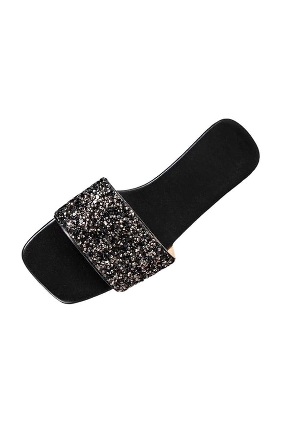 Women's Sparkly Sequin Flat Slides Dressy Sparkle Glitter Rhinestone Open Toe Slip On Slippers Black
