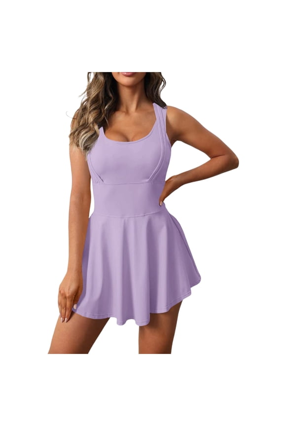Women's Sports Dresses Summer Workout Sportswear Slim Sleeveless Mini Tennis Golf Yoga Bulit-in Bra Dress Shorts Purple