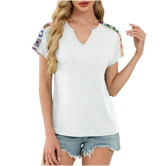 FRSASU Women's Spring/Summer Fashion V-neck Patchwork Lace Short Sleeved Casual Shirt White XXL(XXL)