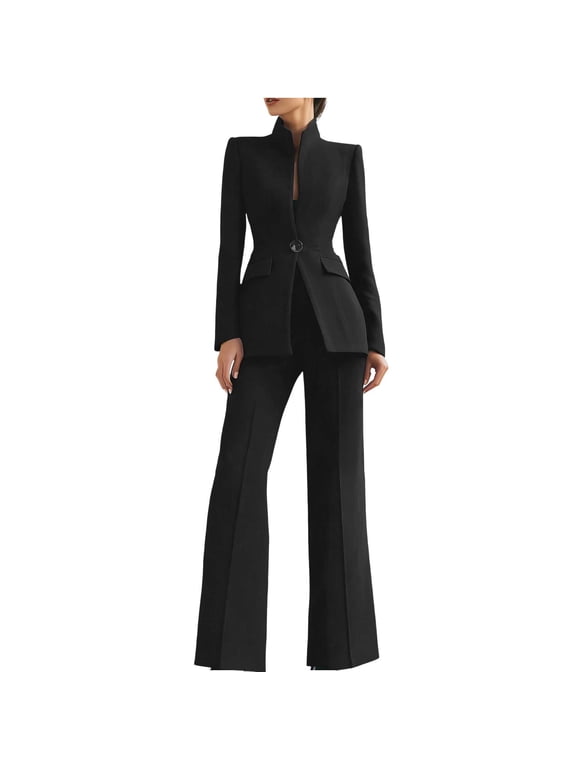 Women's Spring Two Piece Suits Set Casual Business Long Sleeve Blazer Jacket Wide Leg Pants Work Outfits Sets Black