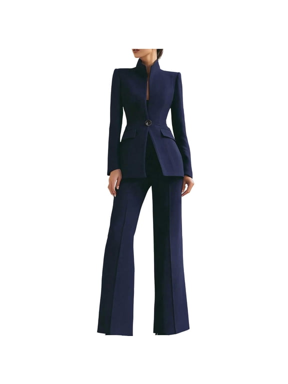 Women's Spring Two Piece Suits Set Casual Business Long Sleeve Blazer Jacket Wide Leg Pants Work Outfits Sets Navy
