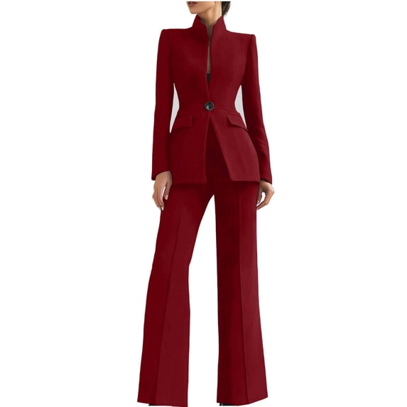 FRSASU Women's Spring Two Piece Suits Set Casual Business Long Sleeve Blazer Jacket Wide Leg Pants Work Outfits Sets Red