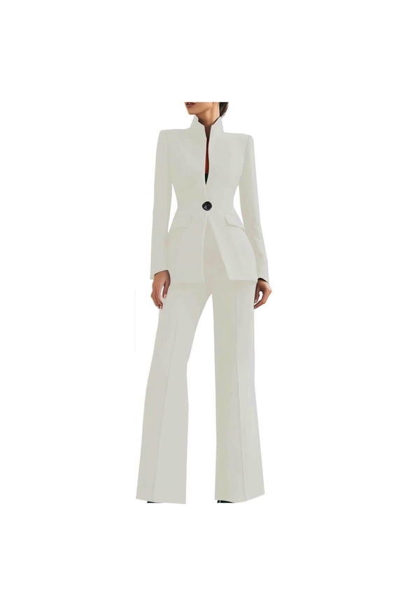 Women's Spring Two Piece Suits Set Casual Business Long Sleeve Blazer Jacket Wide Leg Pants Work Outfits Sets White