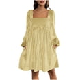 thumbnail image 1 of FRSASU Women's Square Neck Lantern Long Sleeve Temperament Velvet Dress Split Ruched Party Knee Length Midi Dresses Beige, 1 of 9