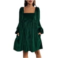 thumbnail image 1 of FRSASU Women's Square Neck Lantern Long Sleeve Temperament Velvet Dress Split Ruched Party Knee Length Midi Dresses Green, 1 of 9