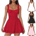 thumbnail image 1 of FRSASU Women's Square Neck Layered Ruffle Hem Mini Dress Sleeveless Low Cut A-Line Swing Ruched Waist Short Dresses White, 1 of 6