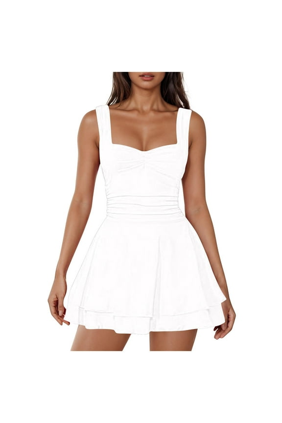Women's Square Neck Layered Ruffle Hem Mini Dress Sleeveless Low Cut A-Line Swing Ruched Waist Short Dresses White