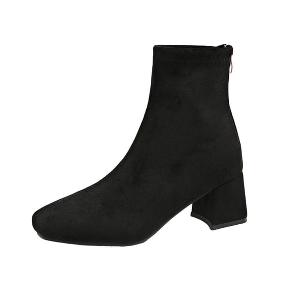 FRSASU Women's Square Toe Block Heel Ankle Booties, Stretchy Faux Suede Sock Boots with Back Zipper Chunky High Heel Dress Boots Black