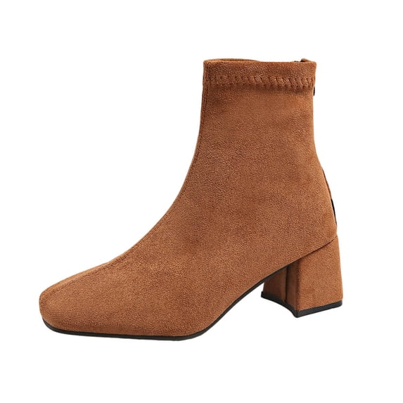 FRSASU Women's Square Toe Block Heel Ankle Booties, Stretchy Faux Suede Sock Boots with Back Zipper Chunky High Heel Dress Boots Brown