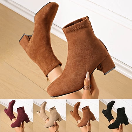 FRSASU Women's Square Toe Block Heel Ankle Booties, Stretchy Faux Suede Sock Boots with Back Zipper Chunky High Heel Dress Boots Wine