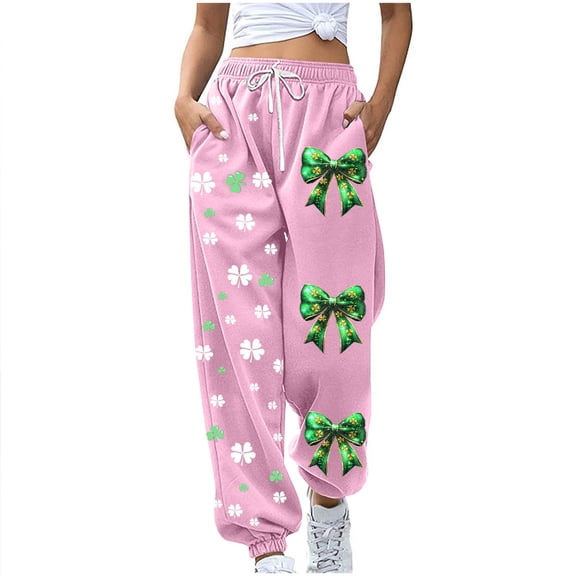FRSASU Women's St. Patrick's Day Baggy Joggers Sweatpants - Clover Printed Loose Elastic Waist Lounge Pants with Pockets Pink