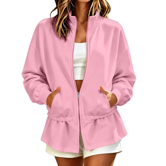 FRSASU Women's Stand Collar Full Zip Sweatshirt Jacket Drawstring Peplum Hem Long Sleeve Casual Athletic Outerwear with Side Pockets Pink
