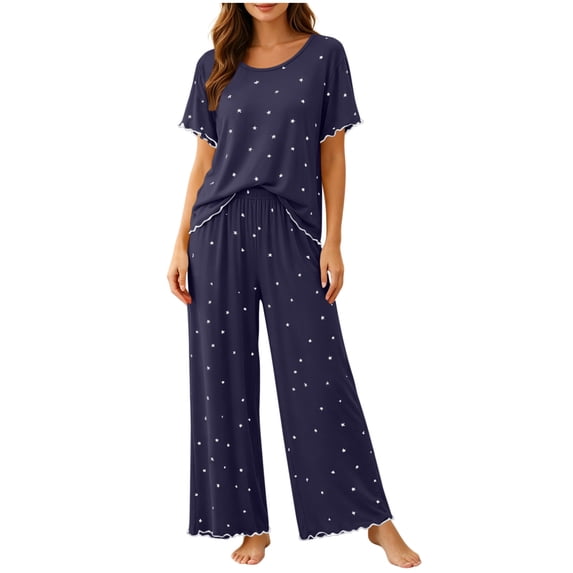 FRSASU Women's Star Print Pajama Set Short Sleeve Ruffle Trim Top with Wide Leg Long Pants Casual Sleepwear Set Navy