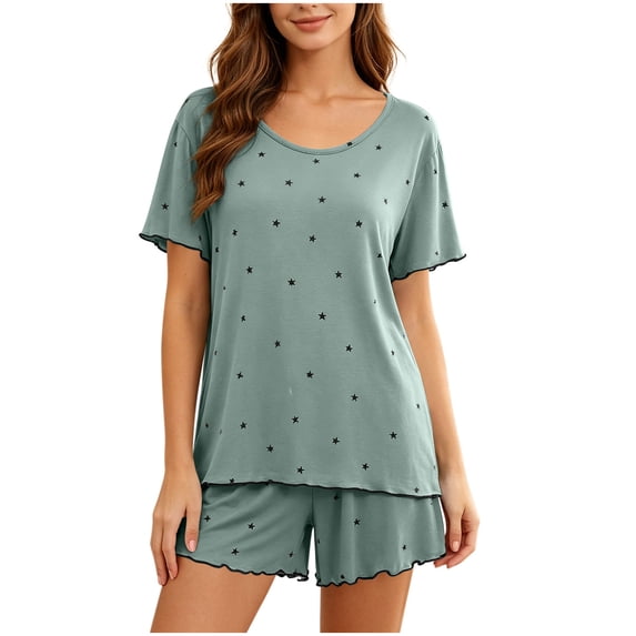 FRSASU Women's Star Print Pajama Set Short Sleeve Ruffle Trim Top with Wide Leg Shorts Casual Sleepwear Set Green-A