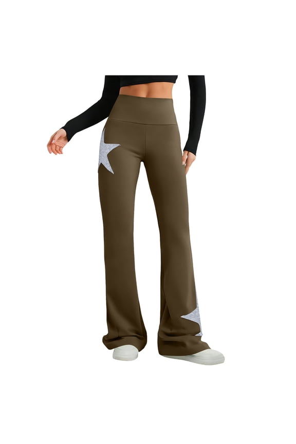 Women's Stars Graphic Flare Yoga Pants Fashion High Waisted Workout Leggings Streetwear Wide Leg Trousers Brown