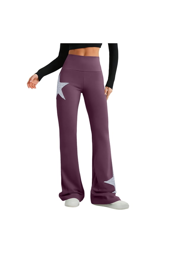 Women's Stars Graphic Flare Yoga Pants Fashion High Waisted Workout Leggings Streetwear Wide Leg Trousers Wine