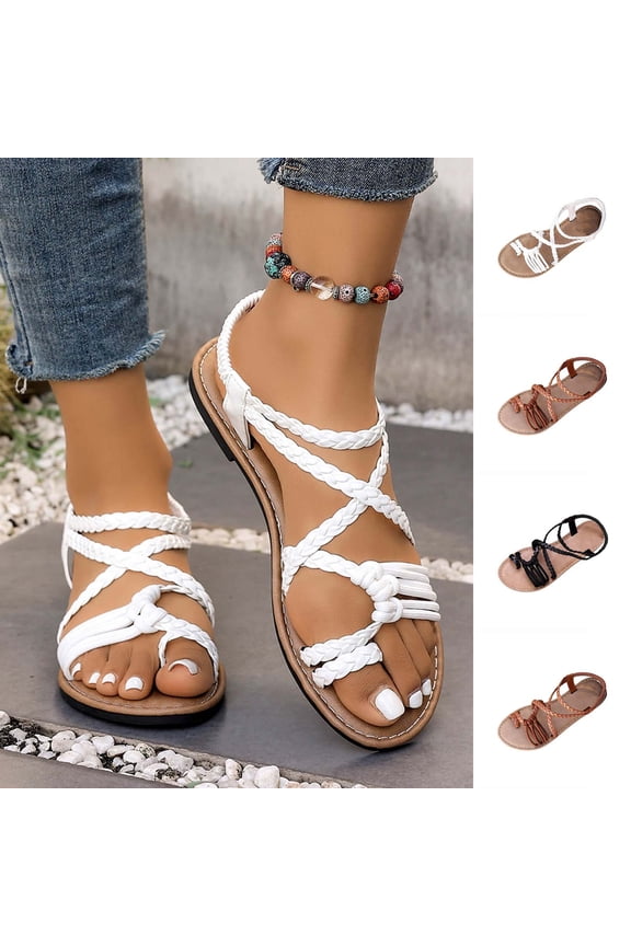 Women's Strappy Flat Sandals Open Toe Ring Criss Cross Lace Up Elastic Ankle Strap Thong Flip Flop Sandals White
