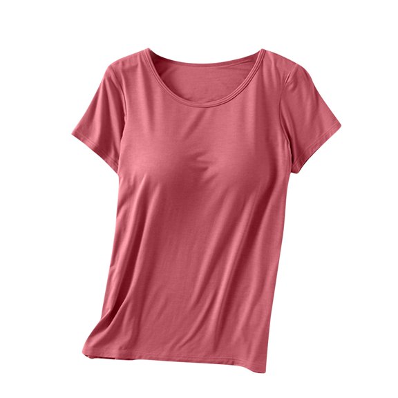 FRSASU Women's Stretch Color T Shirts Casual & Active Basic Tops solid color short-sleeved T-shirt Red-C
