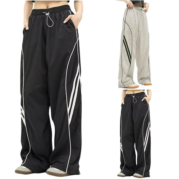 FRSASU Women's Stretch Waistband Striped Drawstring Wide Leg Straight Leg Loose Casual Fashon Versatile Pants Gray XL(XL)
