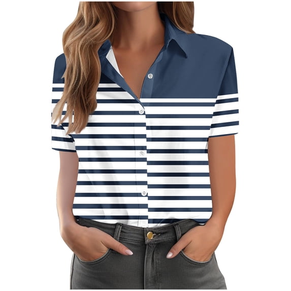 FRSASU Women's Stripe Blouses Summer Short Sleeve Button Down Lapel Tops Dressy Casual Stylish Polo Shirts Navy