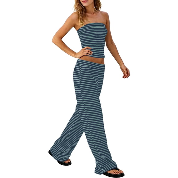 FRSASU Women's Striped 2 Piece Sets Summer Strapless Crop Tube Tops Wide Leg Pants Matching Lounge Set Vacation Outfits Army Green
