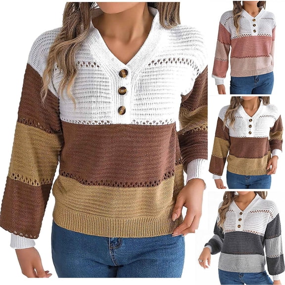 FRSASU Women's Striped Color Block Long Sleeve Knit Sweaters Fashion V Neck Hollow Out Casual Pullovers Tops Pink