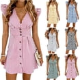 thumbnail image 1 of FRSASU Women's Striped Summer Dresses Casual V-Neck Mini Dress Flutter Sleeve Ruffle Button Sundresses Yellow, 1 of 6