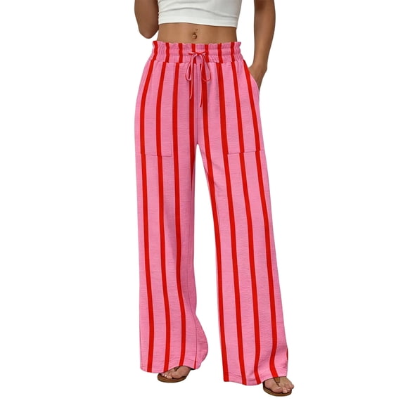 FRSASU Women's Striped Wide Leg Pants Flowy Palazzo Drawstring Elastic Waist Trousers with Pockets Summer Beach Vacation Clothes Hot Pink