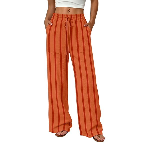 FRSASU Women's Striped Wide Leg Pants Flowy Palazzo Drawstring Elastic Waist Trousers with Pockets Summer Beach Vacation Clothes Orange-A
