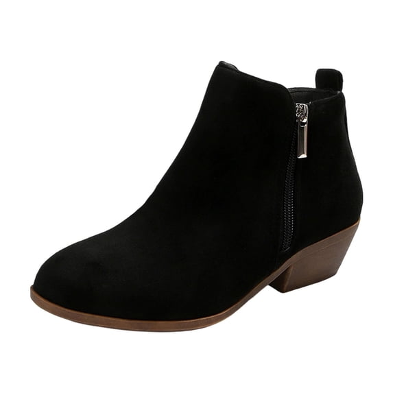 FRSASU Women's Suede Ankle Boot with Side Zipper Closed Toe Stacked Heel Chunky Heightened Fall Winter Short Booties Black