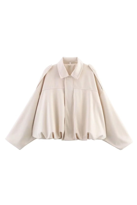 Women's Suede Bomber Jackets Casual Oversized Batwing Sleeve Pleated Elastic Hem Loose Coats Streetwear Beige