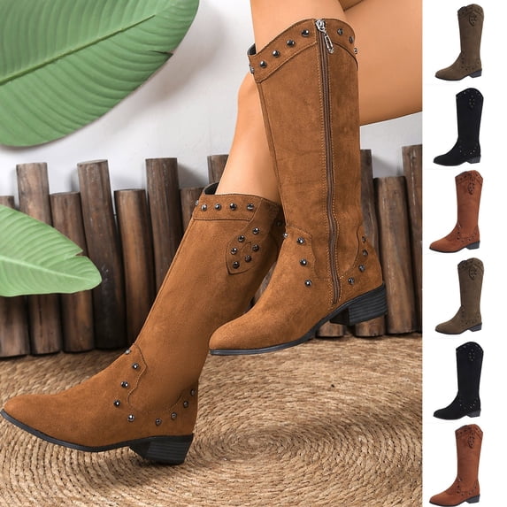 FRSASU Women's Suede Western Cowboy Knee High Boots Low Heel Cowgirl Boots Side Zipper Casual Chunky Heels Tall Boot