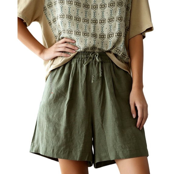 FRSASU Women's Summer Cotton Linen Shorts Elastic Waist Drawstring Casual Hiking Bermuda Shorts Army Green