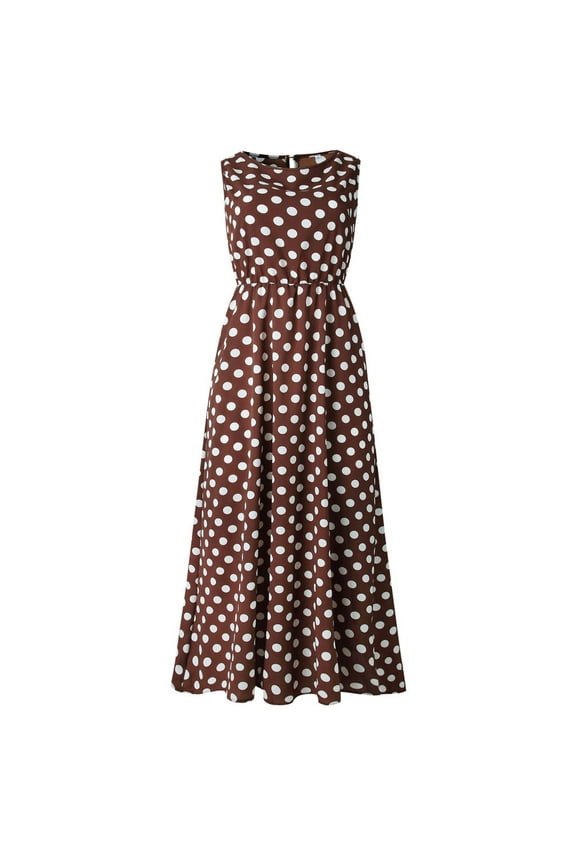 Women's Summer Dresses Spaghetti Strap Scoop Neck Smocked Ruffle Flowy Boho Maxi Dress Coffee