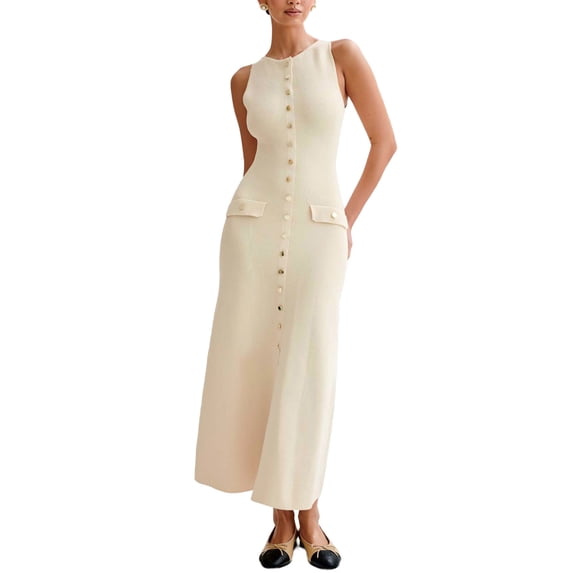 FRSASU Women's Summer Elegant Knitted Single Breasted Long Dresses Solid Sleeveless Crew Neck Button Bodycon Party Dress Beige