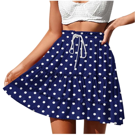 FRSASU Women's Summer Floral High Waist Ruffle Short Mini Skirts Drawstring Tie Polka Dots Skirt Flowy Beach Skorts Blue