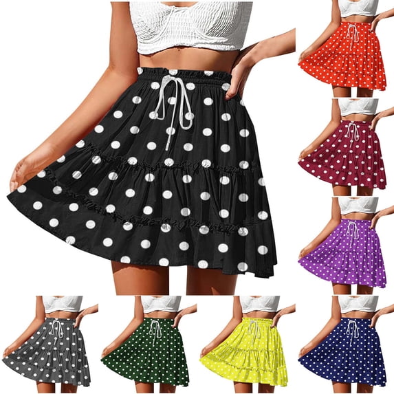 FRSASU Women's Summer Floral High Waist Ruffle Short Mini Skirts Drawstring Tie Polka Dots Skirt Flowy Beach Skorts Yellow