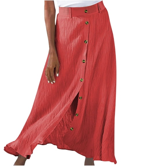 FRSASU Women's Summer Flowy Boho Button Front Skirt Cotton Linen Floral Casua Loose A-Line Beach Long Skirt Red