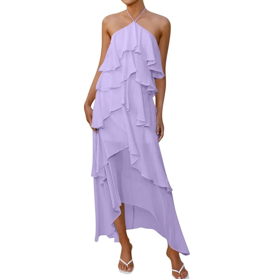 FRSASU Women's Summer Halter Chiffon Dress Ruffle Layered Backless A Line Flowy formal Prom Party Wedding Dress Purple
