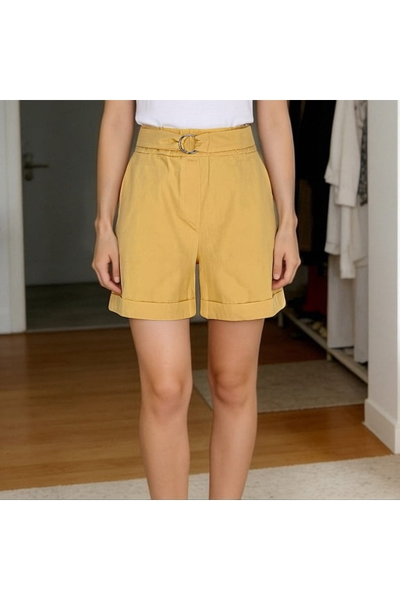 Women's Summer High Waist Shorts Roll Up Pleated Zippered Wrap Hem Wide Leg Bermuda Shorts with Pockets Yellow
