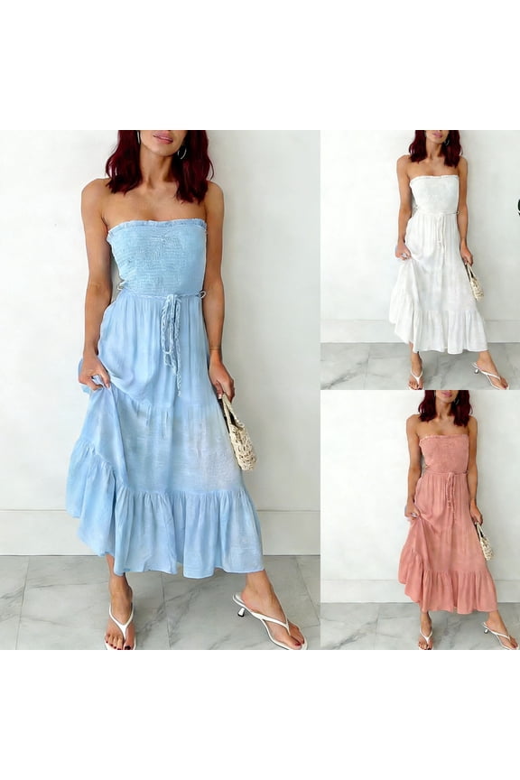 Women's Summer Maxi Dress Casual Bohemian Style Backless Bandeau Ruffled Multi-Layered Long Beach Sundress White