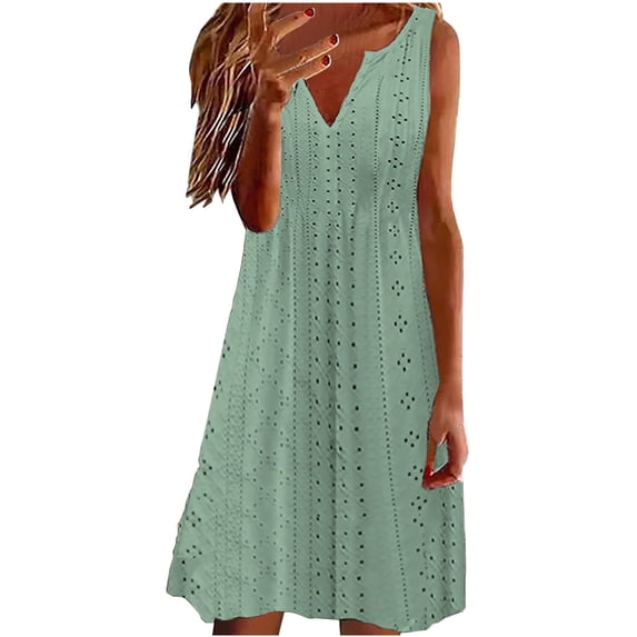 FRSASU Women's Summer Sleeveless Dress V-Neck Casual Loose Fit Sundress Lace Hollow Out A-Line Flowy Beach Dresses Green